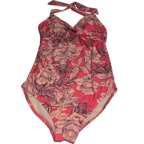 Isabel Maternity Pink & Dark Plum Floral One Piece Swimsuit -‎ Size Medium - Picture 1 of 8